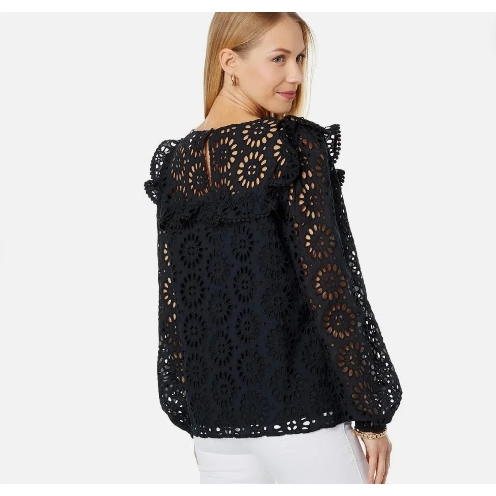 Lilly‎ Pulitzer Caroline Eyelet Ruffle Long Sleeve Blouse In Onyx Top Size Small